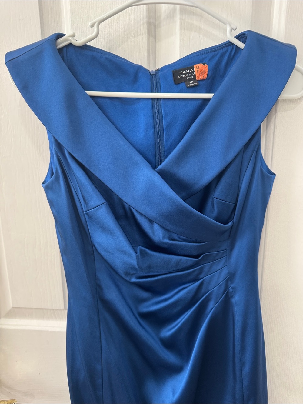 Tahari ASL Blue Sheath Dress with Draped Cross-Front